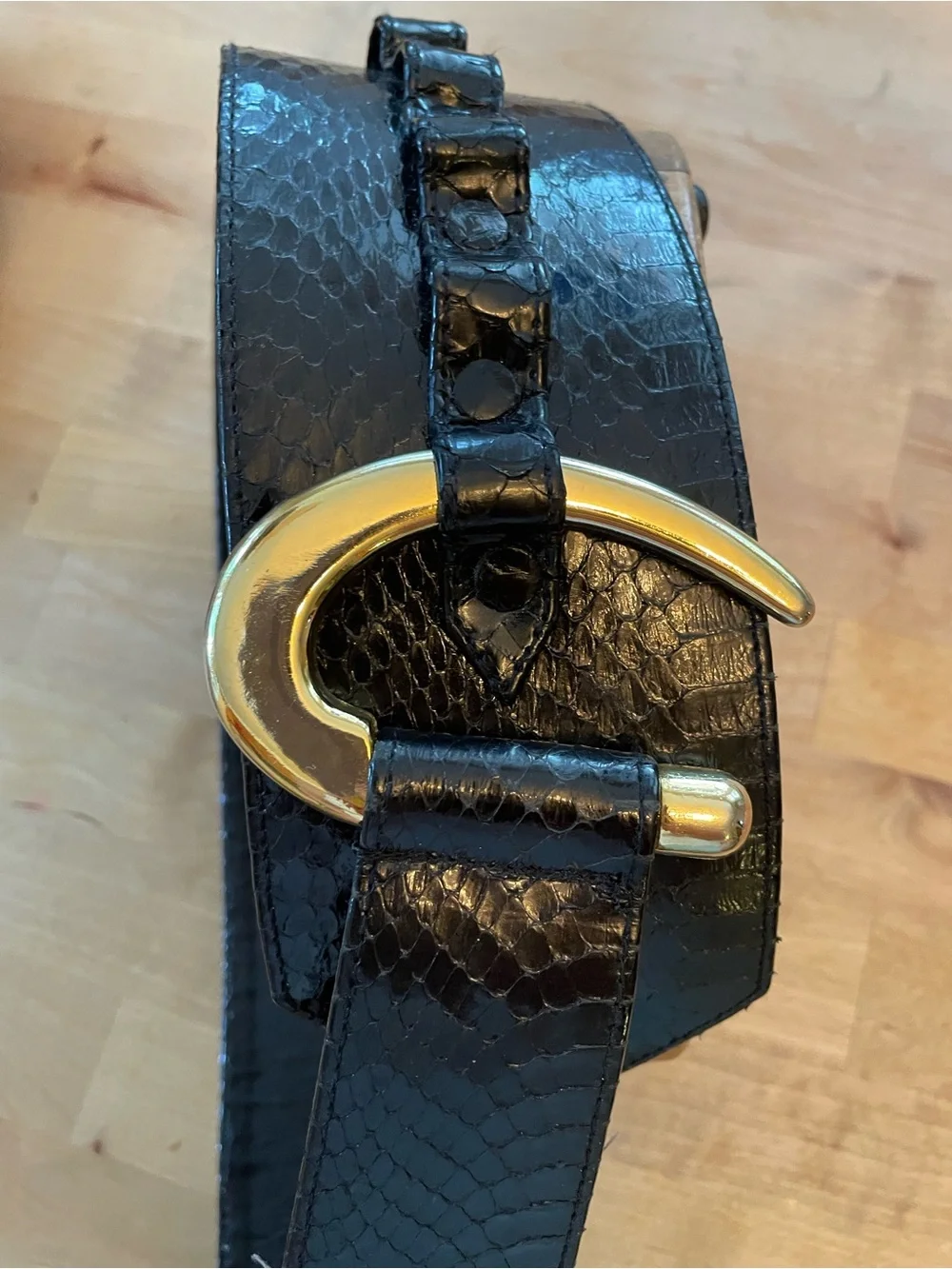 Black Snake Skin Leather Statement Belt with Gold Buckle